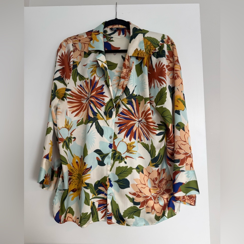 Zara Floral Button-Down Shirt in Cream, Blue, Green, Rust